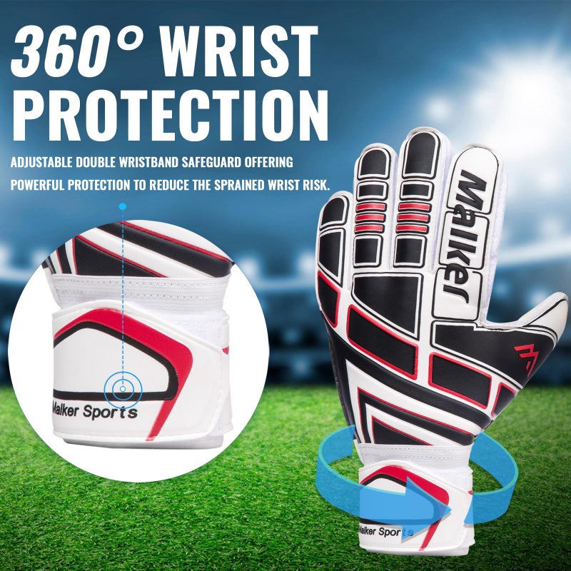 Malker Soccer Goalie Gloves Goalkeeper Gloves with Fingersave and Double Wrist Protection, Strong Grip Goalkeeper Gloves for Youth&Adult Size 8 (White) - Image 5
